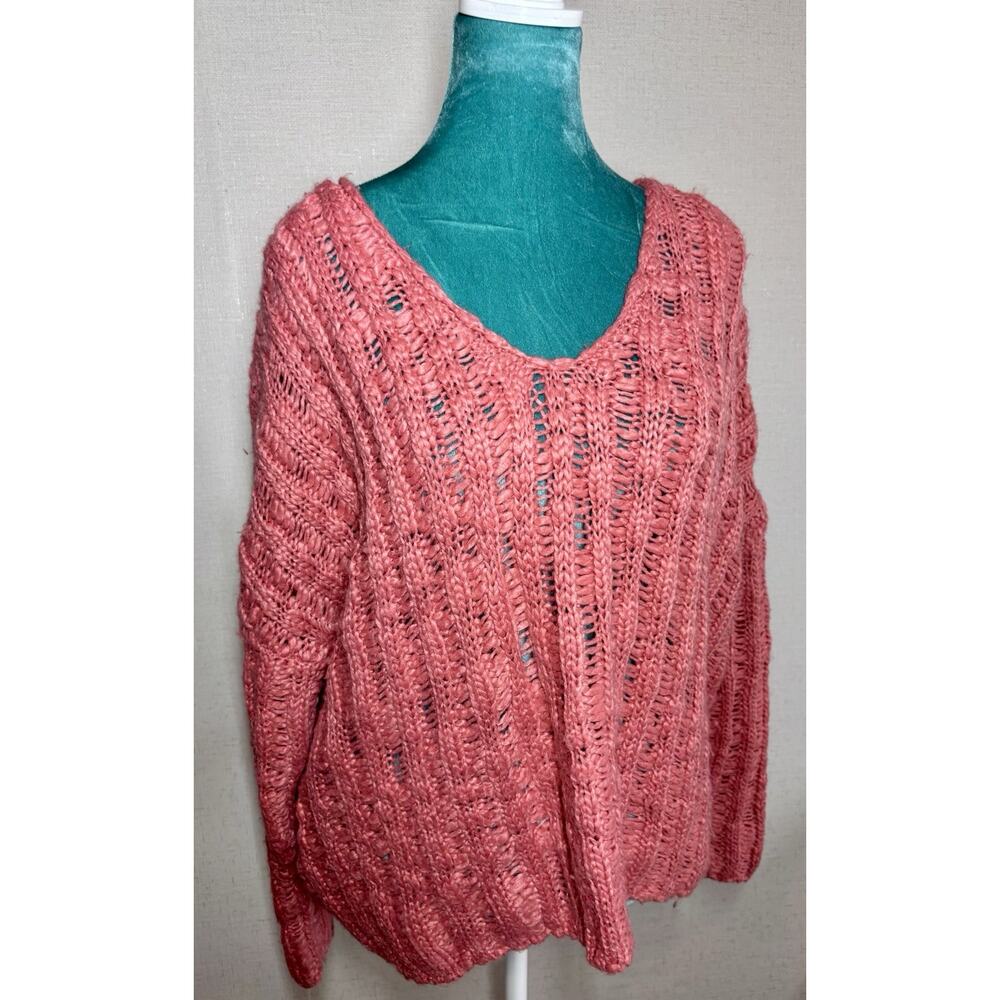 Urban Outfitters Oversized Chunky Knit Sweater Pink Coral Sz L V-Neck Cozy Core